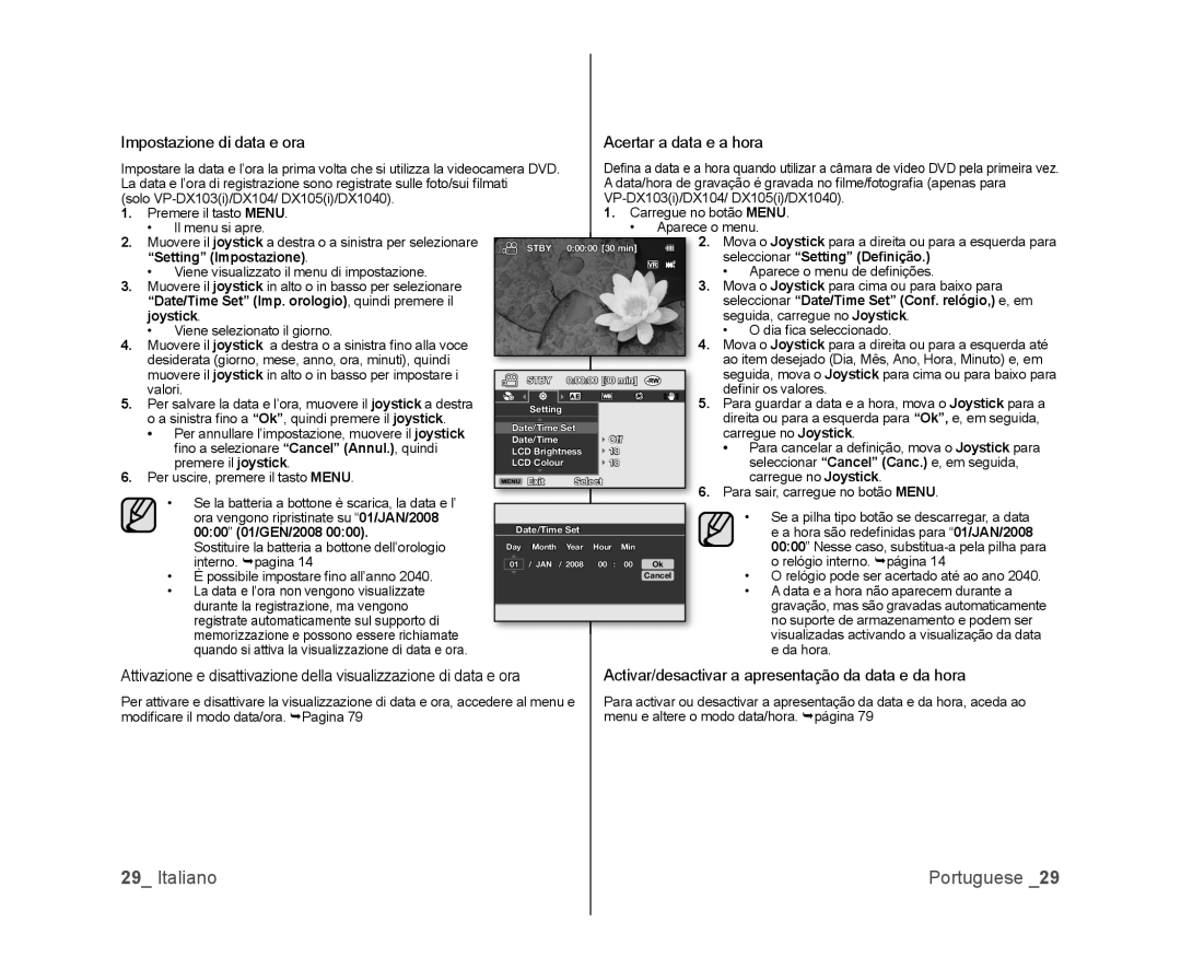 Samsung VP-DX100H/XEF, VP-MX25E/EDC, VP-DX100/XEF manual Impostazione di data e ora Acertar a data e a hora, 0000 01/GEN/2008 