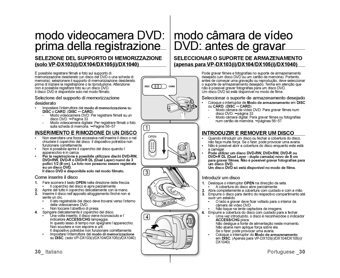 Samsung VP-MX25E/EDC, VP-DX100/XEF manual Modo câmara de vídeo, DVD antes de gravar, Inserimento E Rimozione DI UN Disco 