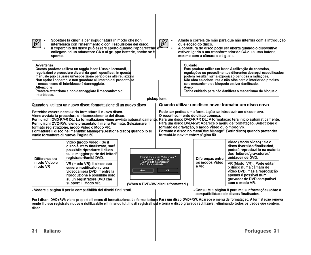 Samsung VP-DX100/XEF, VP-MX25E/EDC, VP-DX103/XEF manual Quando utilizar um disco novo formatar um disco novo, Attenzione 