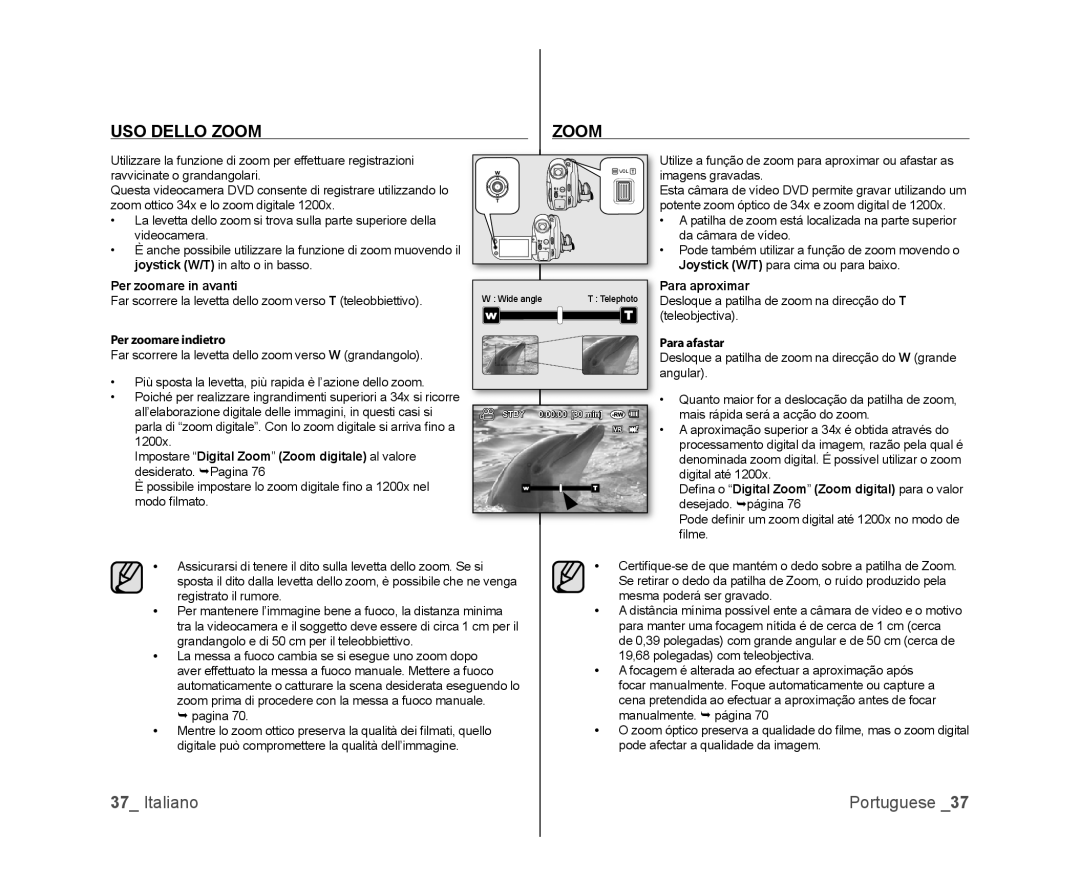 Samsung VP-DX100/XEF, VP-MX25E/EDC, VP-DX103/XEF, VP-DX100/XEO, VP-DX105/ESS, VP-DX100H/XEF manual USO Dello Zoom 