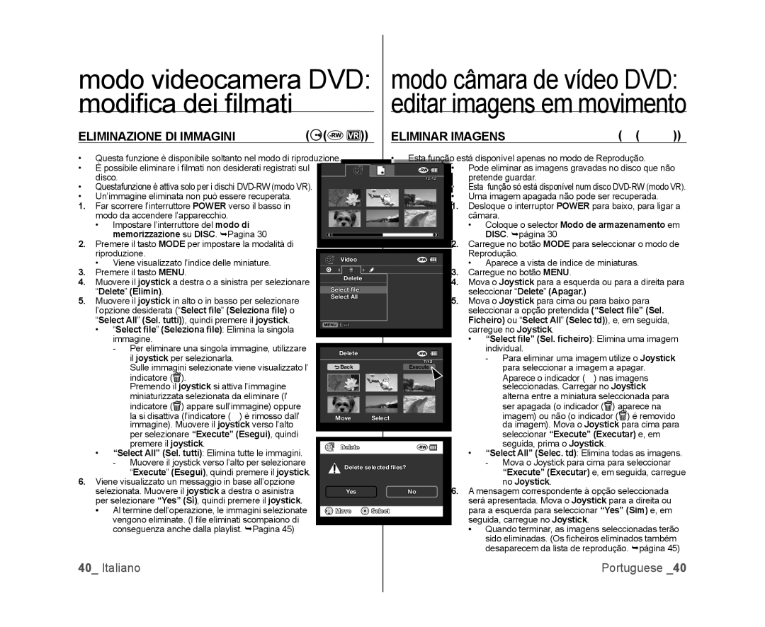 Samsung VP-DX105/ESS Eliminazione DI Immagini, Eliminar Imagens, Select ﬁle Seleziona ﬁle Elimina la singola immagine 