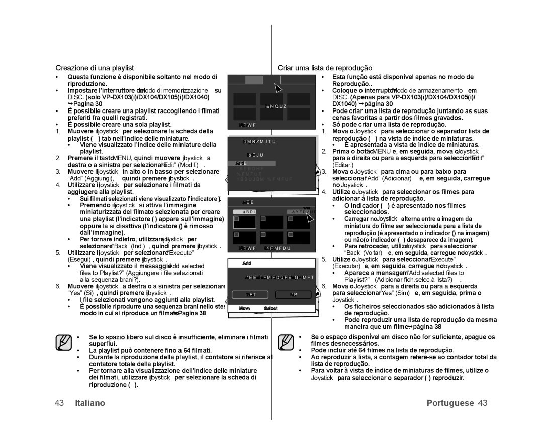 Samsung VP-DX100/XEF, VP-MX25E/EDC, VP-DX103/XEF, VP-DX100/XEO manual Creazione di una playlist Criar uma lista de reprodução 