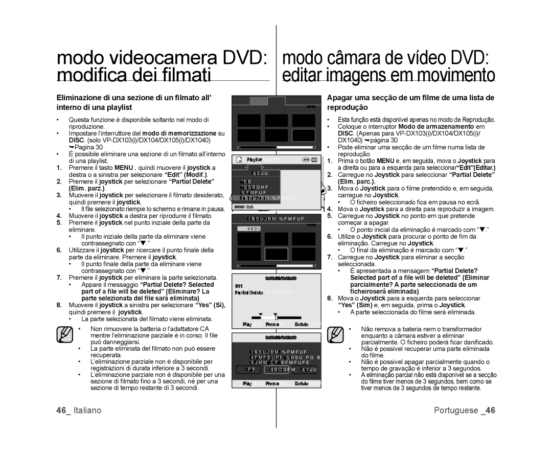 Samsung VP-DX105/ESS, VP-MX25E/EDC manual Modiﬁ ca dei ﬁ lmati, Apagar uma secção de um ﬁlme de uma lista de reprodução 