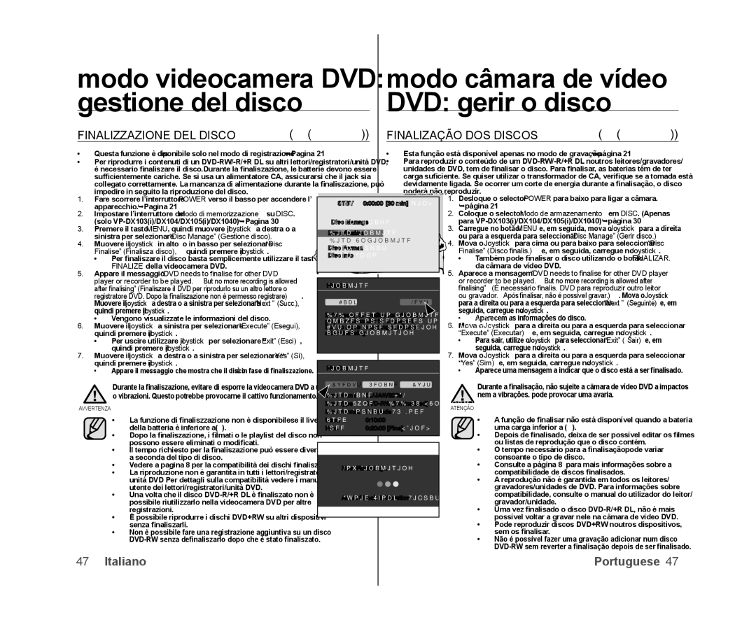 Samsung VP-DX100H/XEF, VP-MX25E/EDC manual Finalização DOS Discos, Sinistra per selezionare Disc Manage Gestione disco 