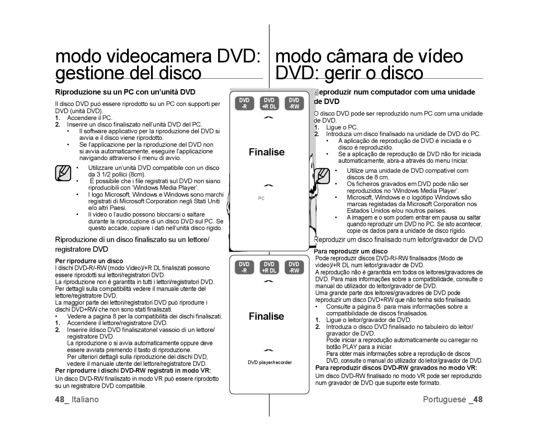 Samsung VP-MX25E/EDC, VP-DX100/XEF manual Gestione del disco DVD gerir o disco, Riproduzione su un PC con un’unità DVD 