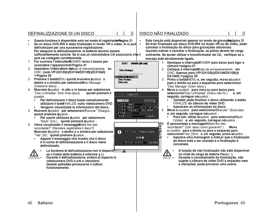 Samsung VP-DX100/XEF, VP-MX25E/EDC, VP-DX103/XEF, VP-DX100/XEO manual Definalizzazione DI UN Disco, Disco NÃO Finalizado 