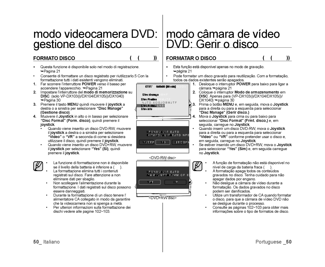 Samsung VP-DX103/XEF, VP-MX25E/EDC, VP-DX100/XEF Formato Disco, Formatar O Disco, Gestione disco Disc Manage Gerir disco 