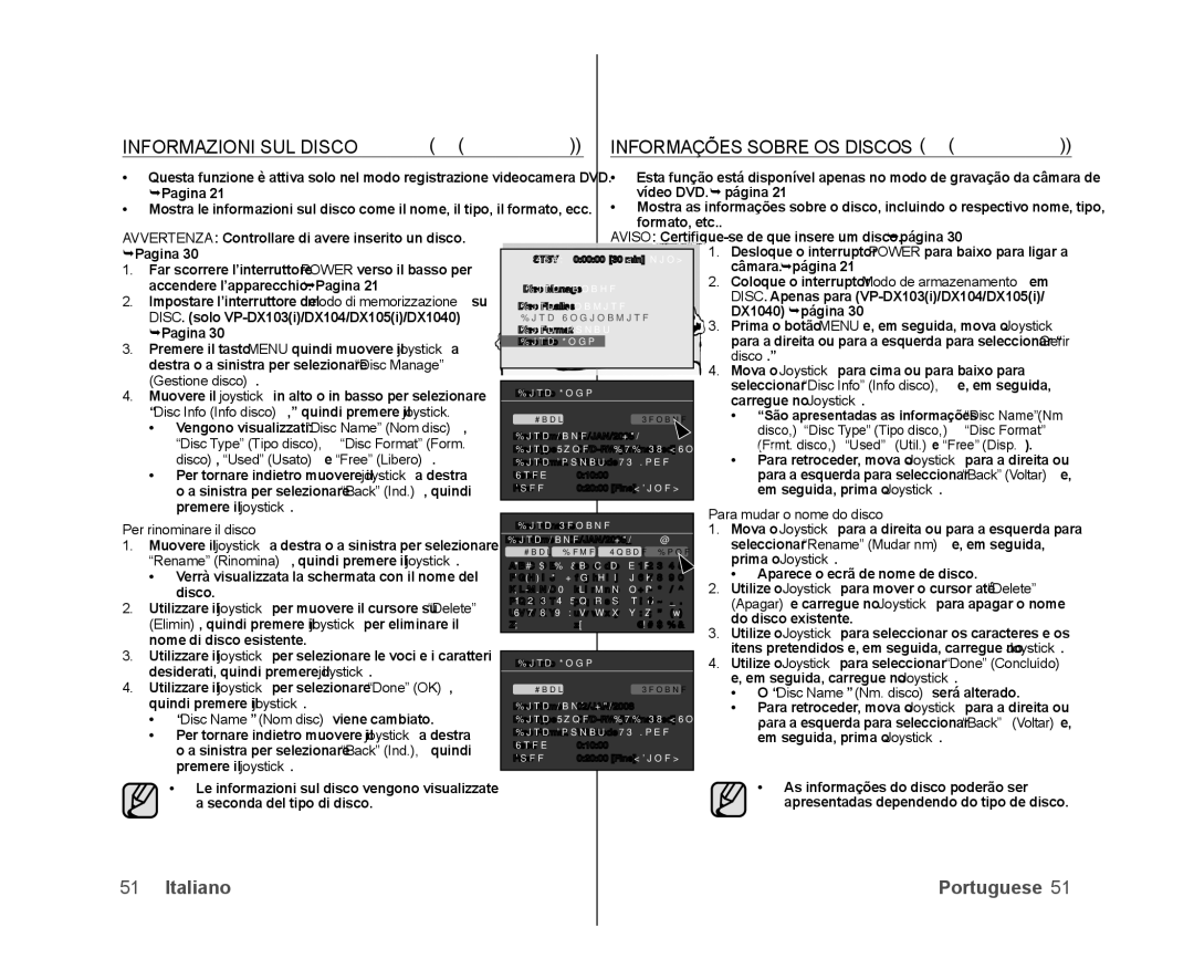 Samsung VP-DX100/XEO, VP-MX25E/EDC, VP-DX100/XEF, VP-DX103/XEF manual Informazioni SUL Disco, Informações Sobre OS Discos 