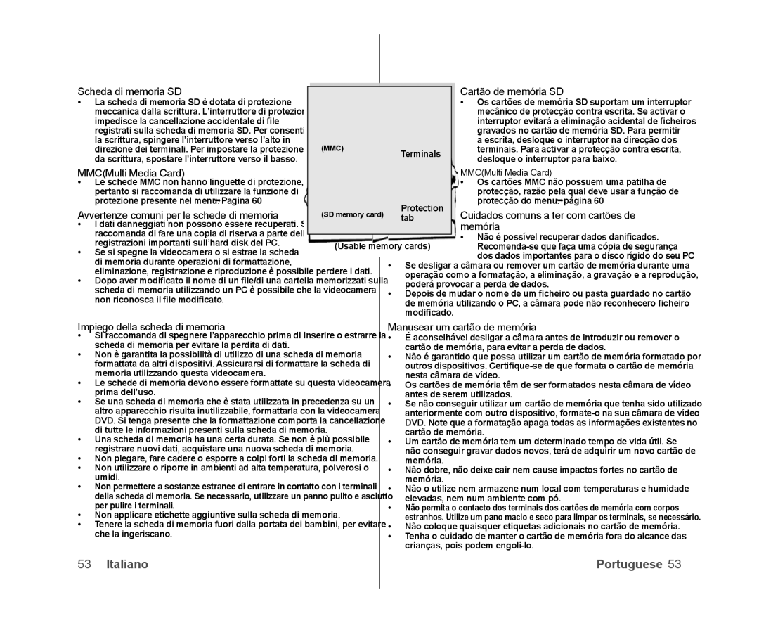 Samsung VP-DX100H/XEF manual Scheda di memoria SD, MMCMulti Media Card, Avvertenze comuni per le schede di memoria, Memória 