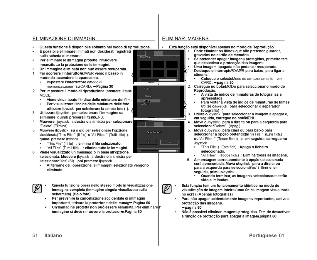 Samsung VP-DX100/XEF, VP-MX25E/EDC manual Eliminazione DI Immagini Eliminar Imagens, Delete Elimina Seleccionar Delete Apag 