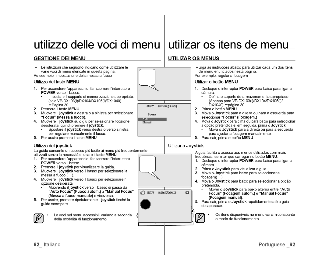 Samsung VP-DX103/XEF manual Utilizzo delle voci di menu utilizar os itens de menu, Gestione DEI Menu Utilizar OS Menus 