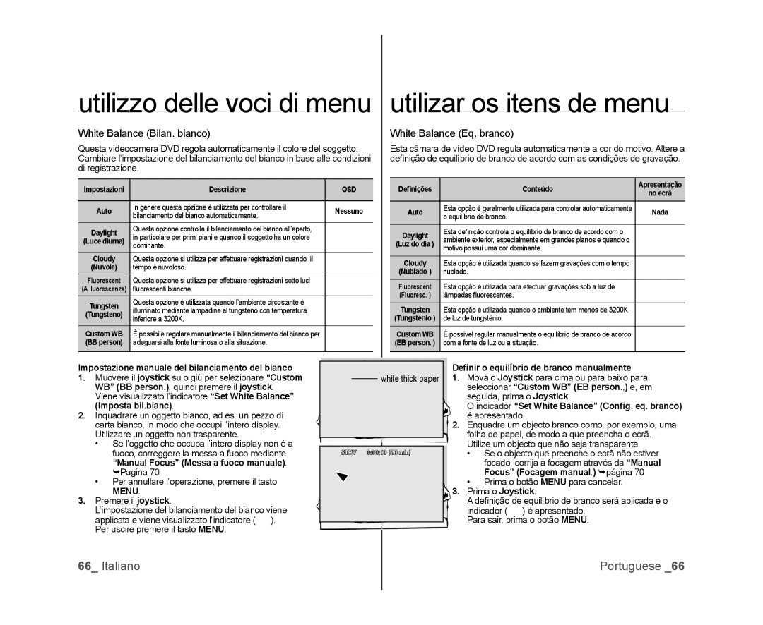 Samsung VP-MX25E/EDC, VP-DX100/XEF Utilizzo delle voci di menu, Utilizar os itens de menu, White Balance Bilan. bianco 