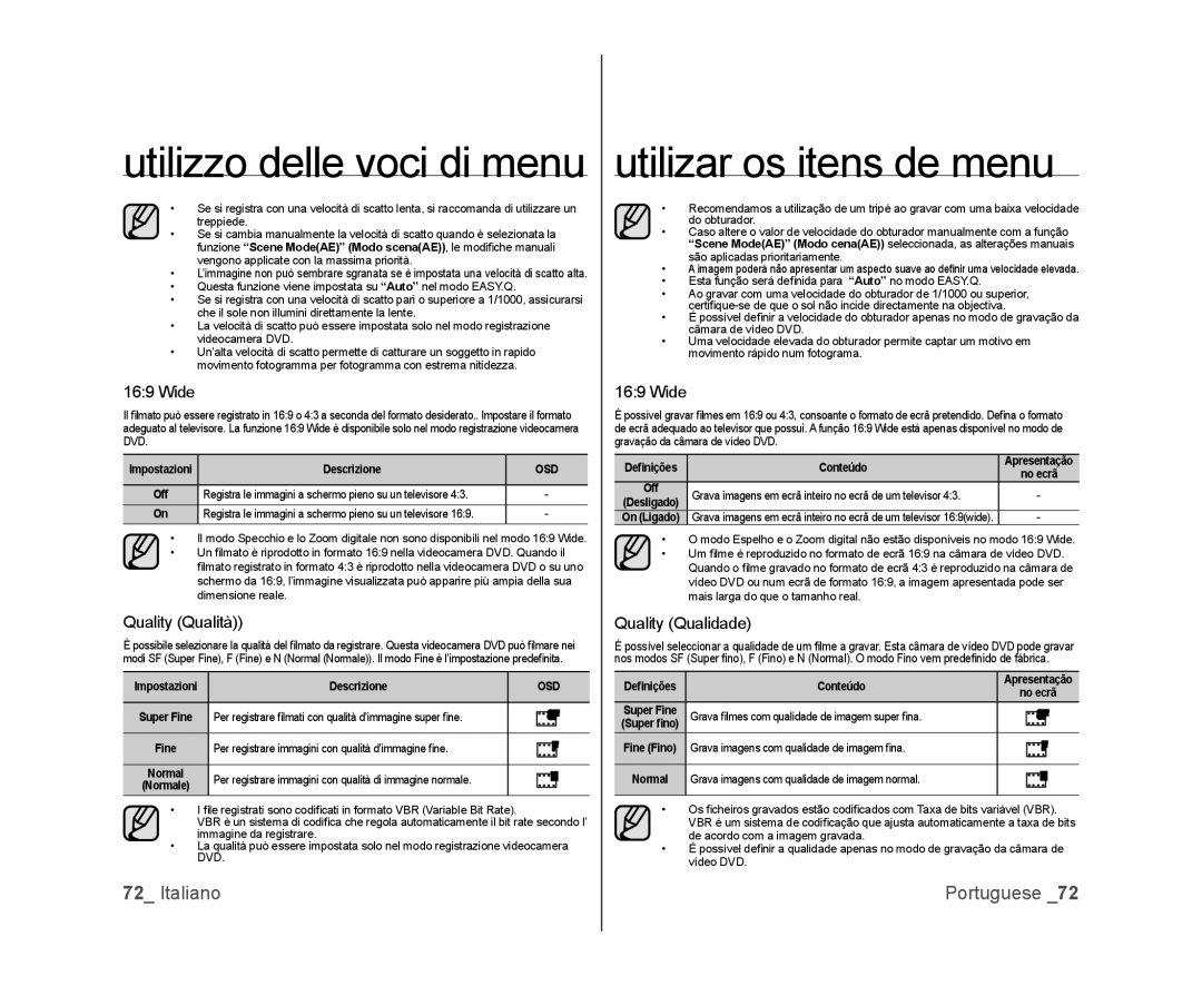 Samsung VP-MX25E/EDC, VP-DX100/XEF, VP-DX103/XEF, VP-DX100/XEO, VP-DX105/ESS manual Wide, Quality Qualità, Quality Qualidade 