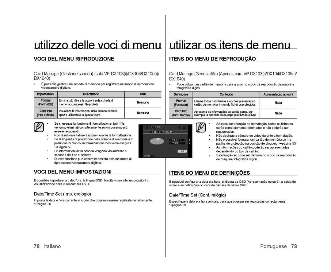 Samsung VP-MX25E/EDC, VP-DX100/XEF Voci DEL Menu Riproduzione, Itens do Menu DE Reprodução, Voci DEL Menu Impostazioni 