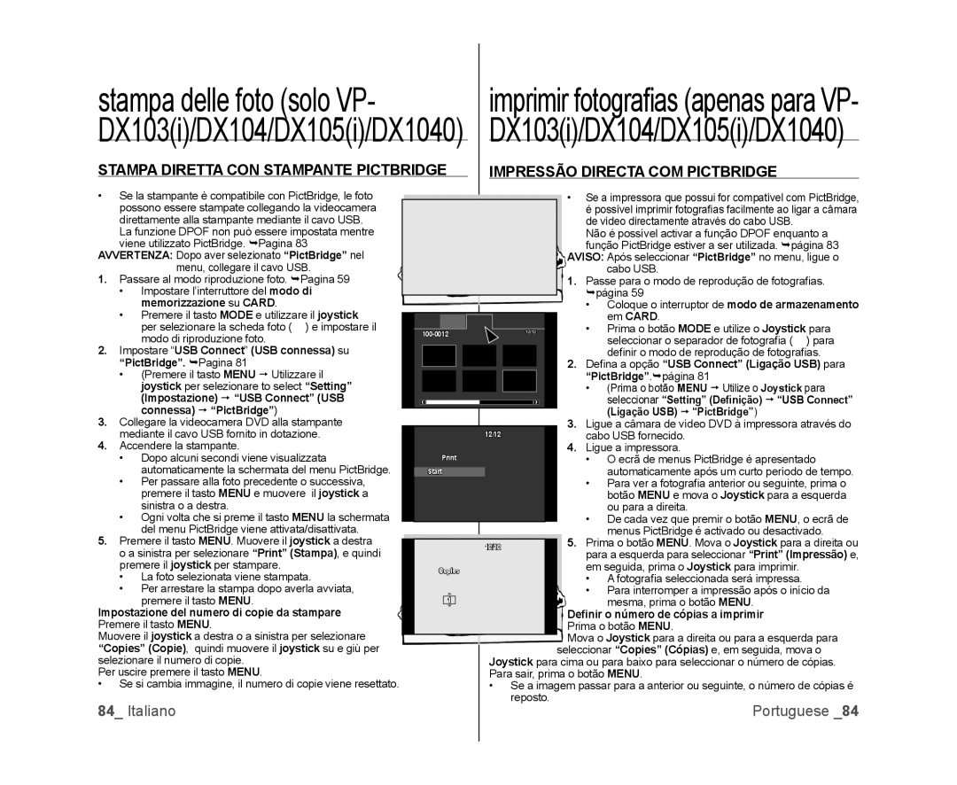 Samsung VP-MX25E/EDC manual Impostare USB Connect USB connessa su PictBridge. Pagina, Deﬁnir o número de cópias a imprimir 