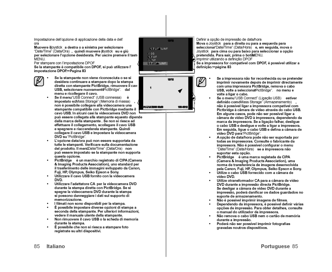 Samsung VP-DX100/XEF, VP-MX25E/EDC manual Per stampare con l’impostazione Dpof, Deﬁnir a opção de impressão de data/hora 