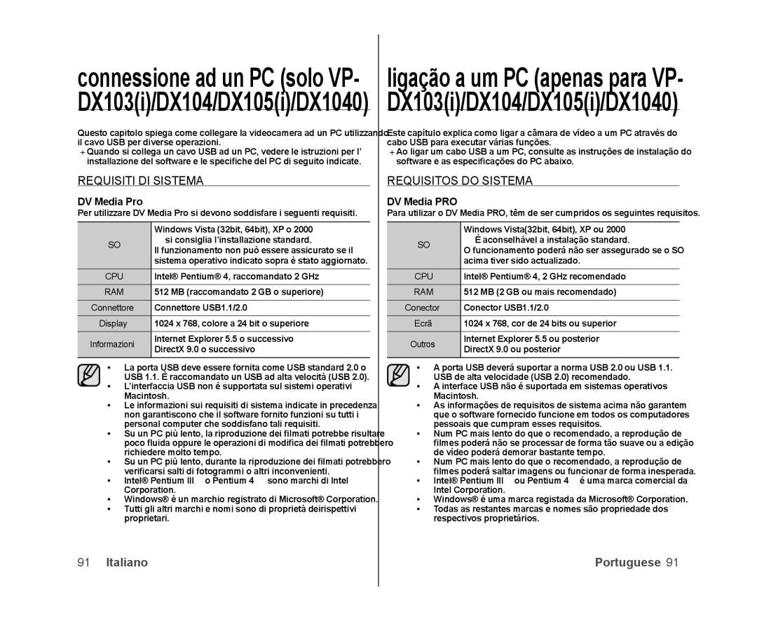 Samsung VP-DX100/XEF, VP-MX25E/EDC, VP-DX103/XEF manual Requisiti DI Sistema, Requisitos do Sistema, DV Media Pro, Display 