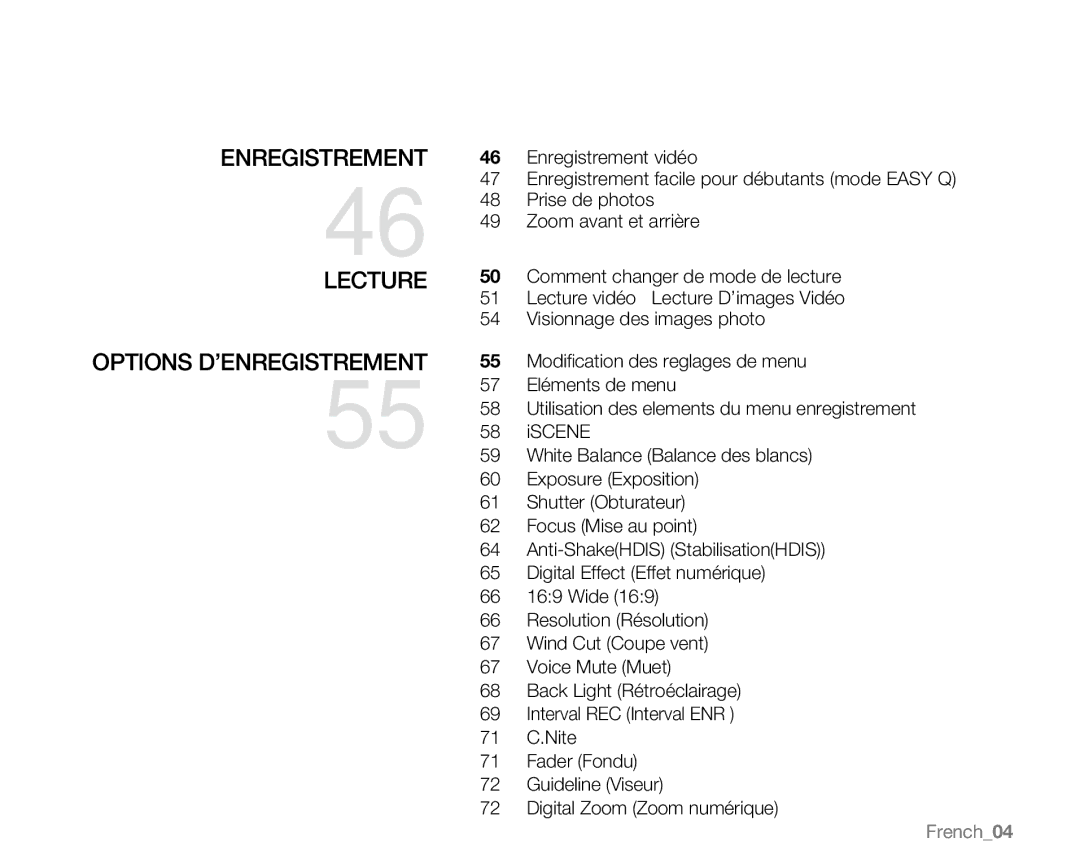 Samsung VP-MX25E/EDC manual Enregistrement Lecture Options D’ENREGISTREMENT, French04 