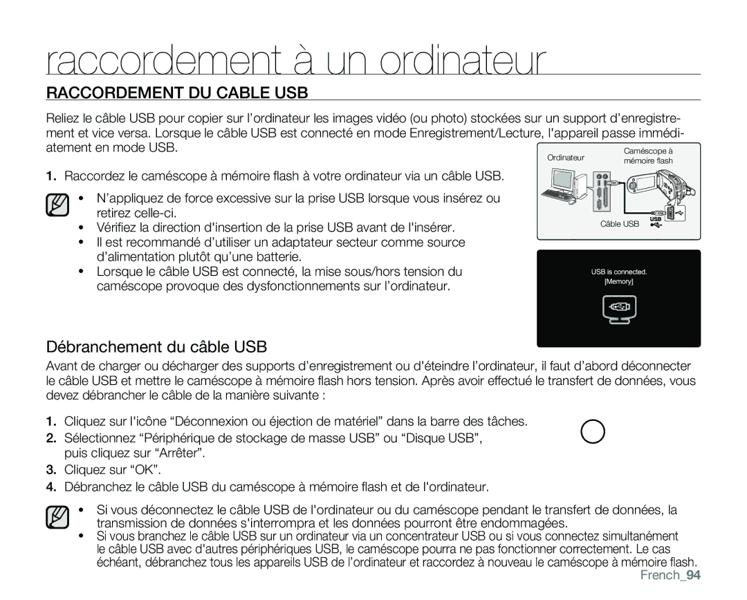 Samsung VP-MX25E/EDC manual Raccordement DU Cable USB, Débranchement du câble USB, Atement en mode USB, French94 