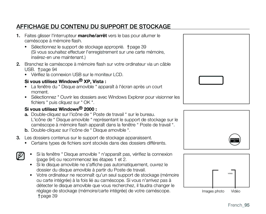 Samsung VP-MX25E/EDC manual Affichage DU Contenu DU Support DE Stockage, Si vous utilisez Windows XP, Vista, French95 