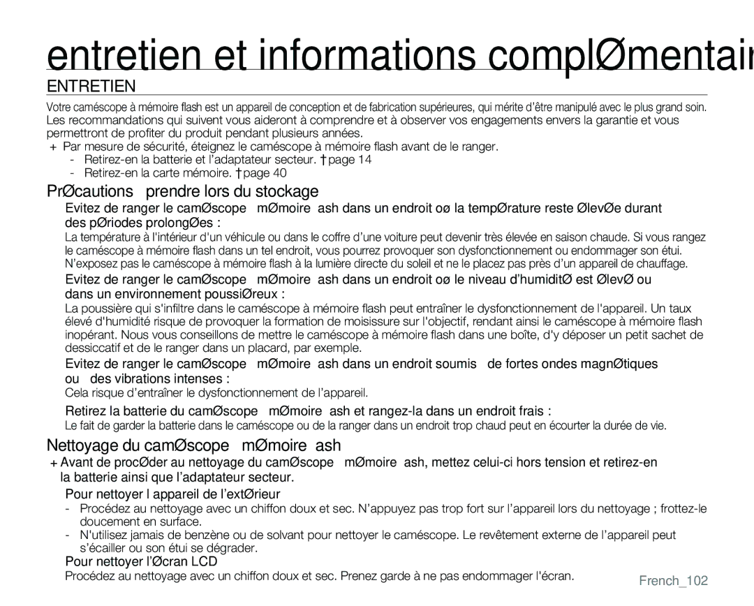 Samsung VP-MX25E/EDC manual Précautions à prendre lors du stockage, Nettoyage du caméscope à mémoire ﬂash 