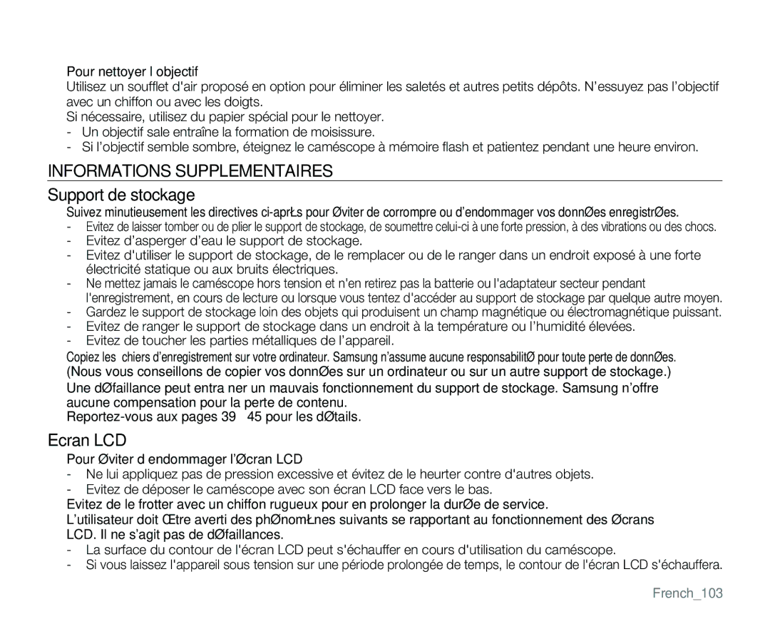 Samsung VP-MX25E/EDC manual Informations Supplementaires, Support de stockage, Ecran LCD, Pour nettoyer l’objectif 