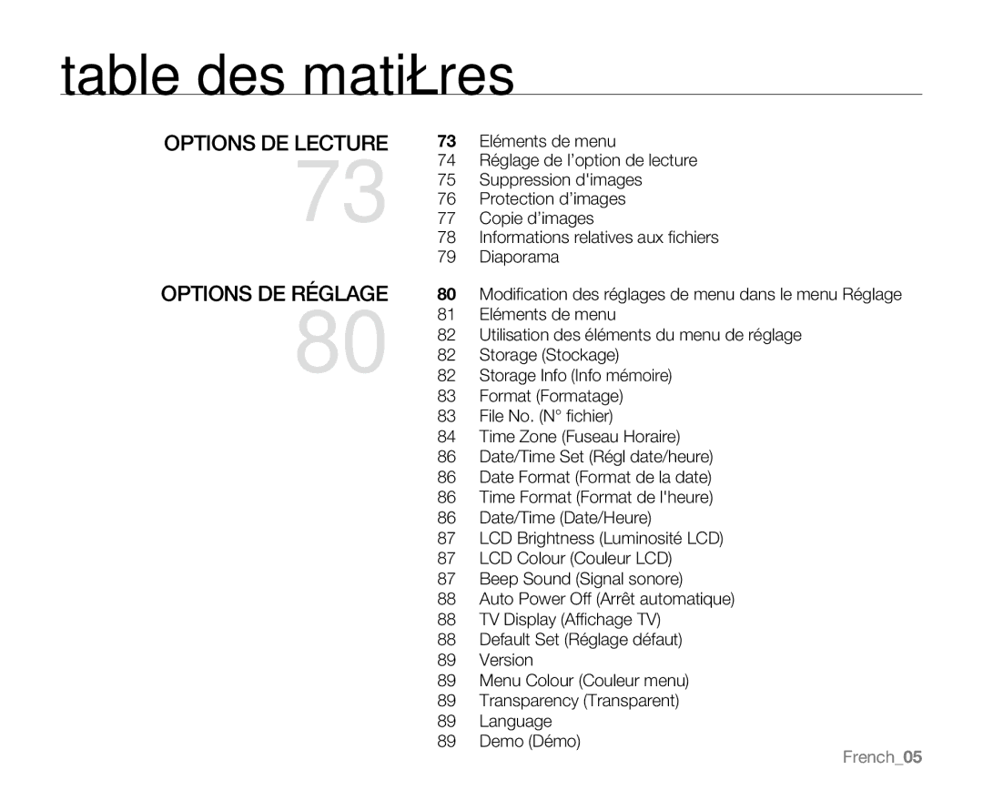 Samsung VP-MX25E/EDC manual Options DE Lecture, French05 