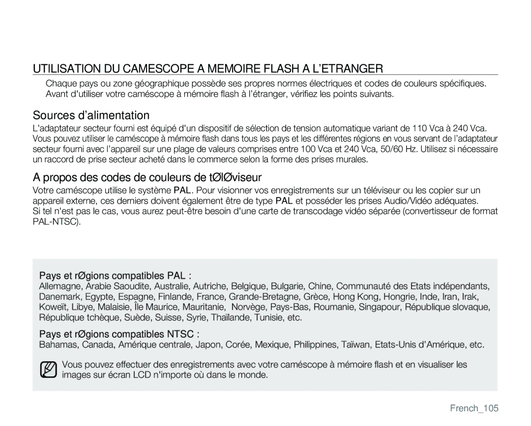 Samsung VP-MX25E/EDC manual Utilisation DU Camescope a Memoire Flash a Letranger, Sources dalimentation 