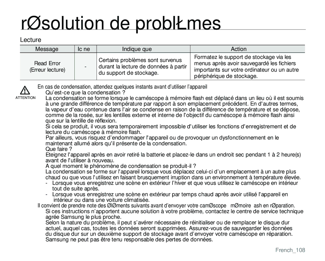 Samsung VP-MX25E/EDC manual Lecture, French108 