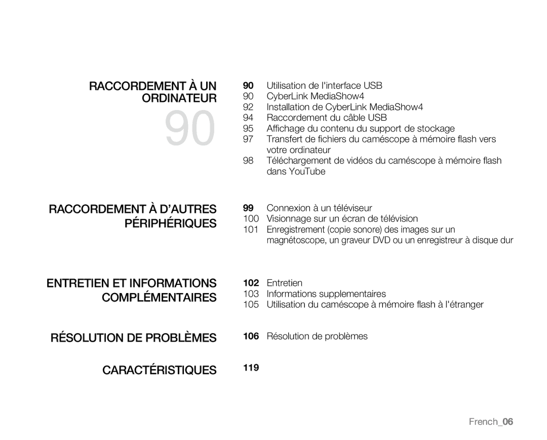 Samsung VP-MX25E/EDC manual Raccordement À UN, Ordinateur, Résolution DE Problèmes, Caractéristiques, French06 