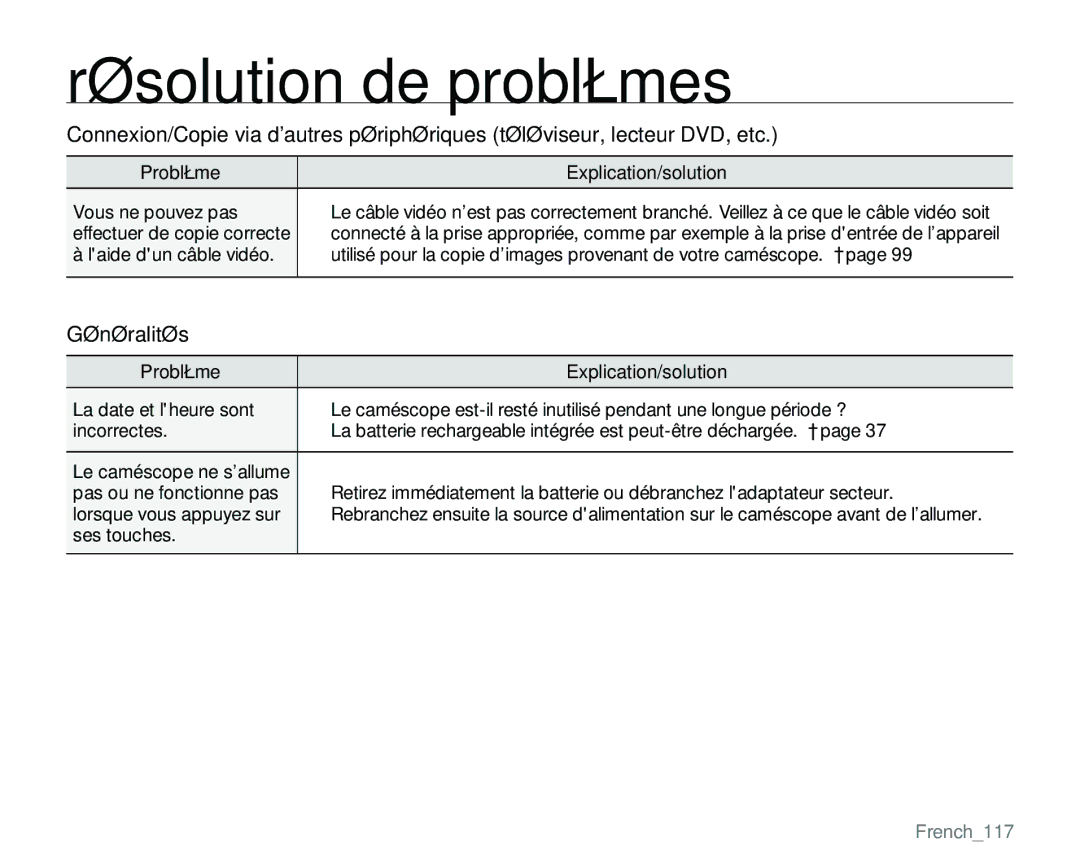 Samsung VP-MX25E/EDC manual Généralités, Problème Explication/solution Vous ne pouvez pas, Ses touches, French117 