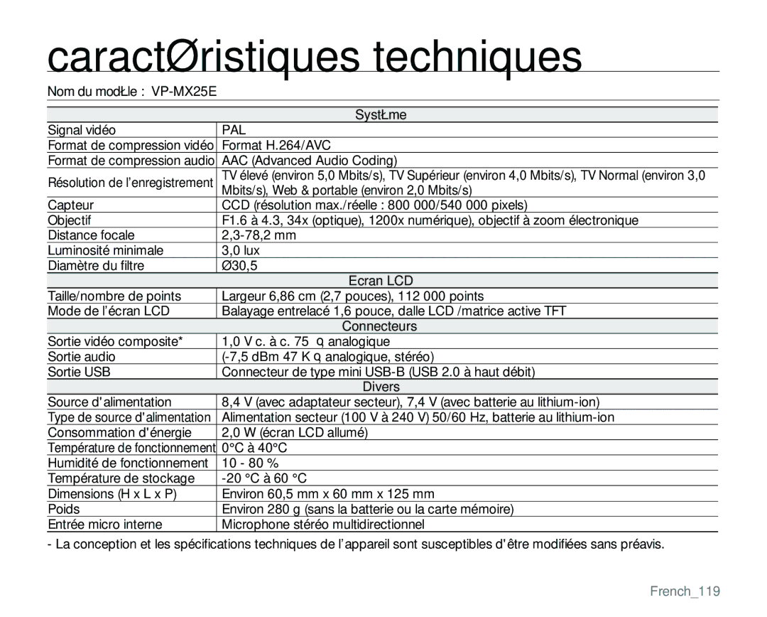 Samsung VP-MX25E/EDC manual Caractéristiques techniques, Ecran LCD, French119 