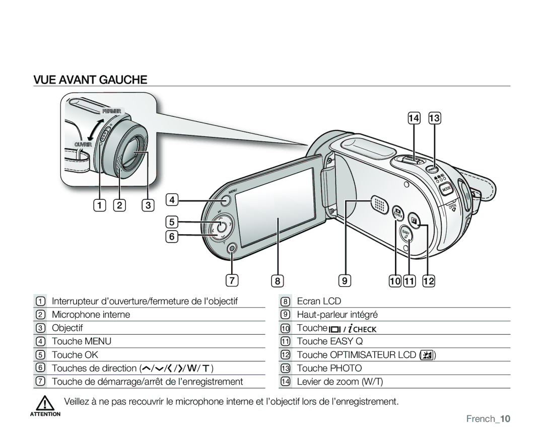 Samsung VP-MX25E/EDC manual VUE Avant Gauche, French10 