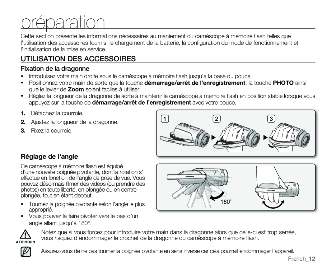 Samsung VP-MX25E/EDC manual Préparation, Utilisation DES Accessoires, Fixation de la dragonne, French12 