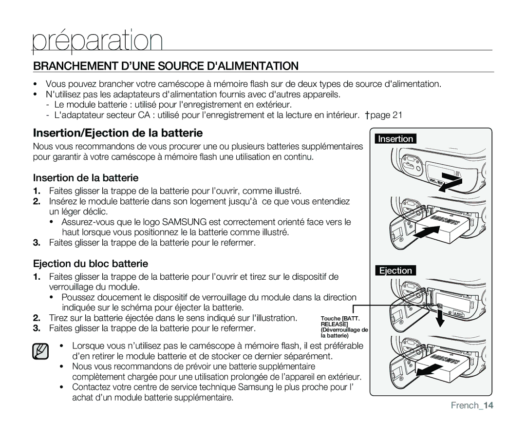 Samsung VP-MX25E/EDC Branchement D’UNE Source Dalimentation, Insertion de la batterie, Ejection du bloc batterie, French14 