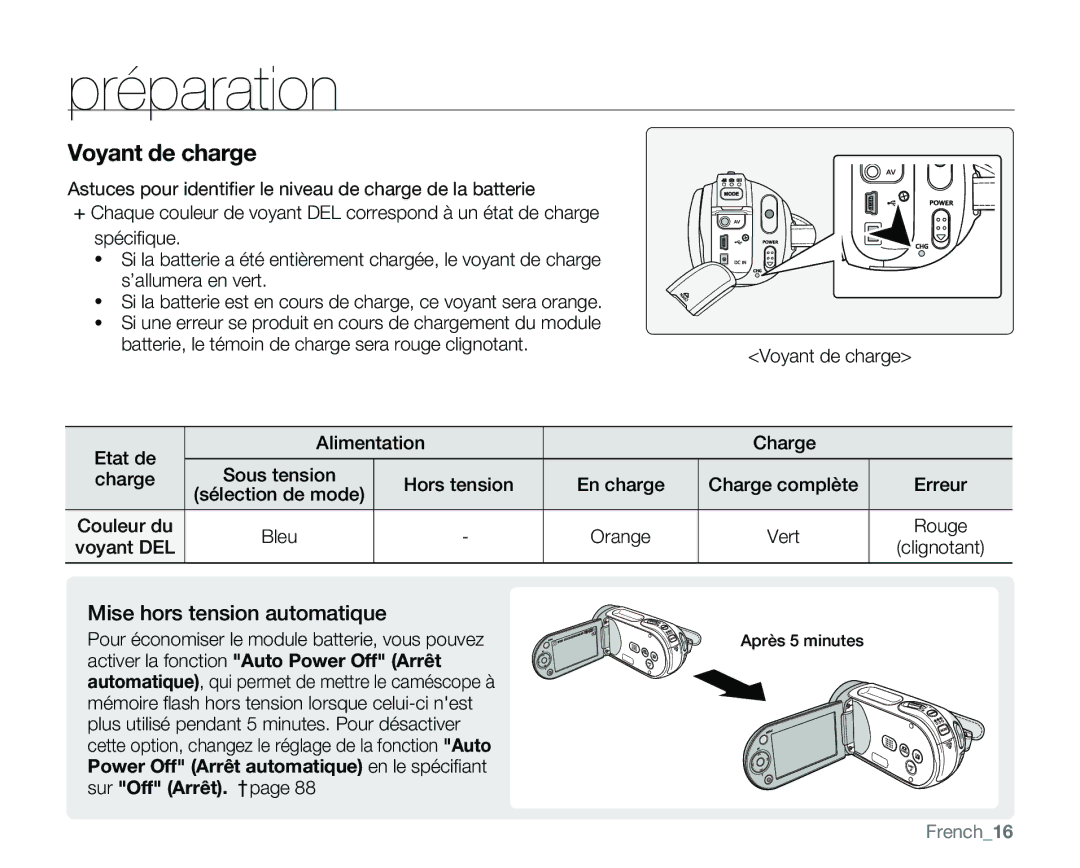 Samsung VP-MX25E/EDC Mise hors tension automatique, Voyant DEL, Pour économiser le module batterie, vous pouvez, French16 