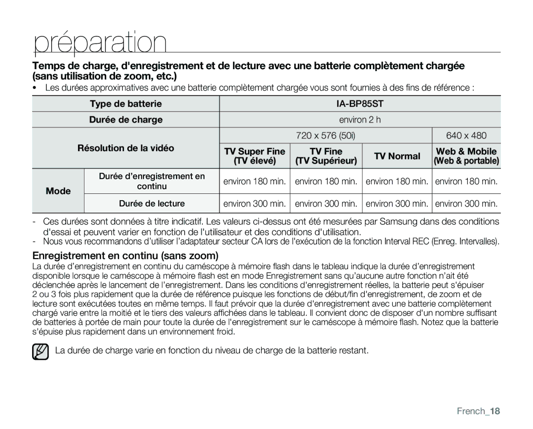 Samsung VP-MX25E/EDC manual Enregistrement en continu sans zoom, Type de batterie, Mode, French18 