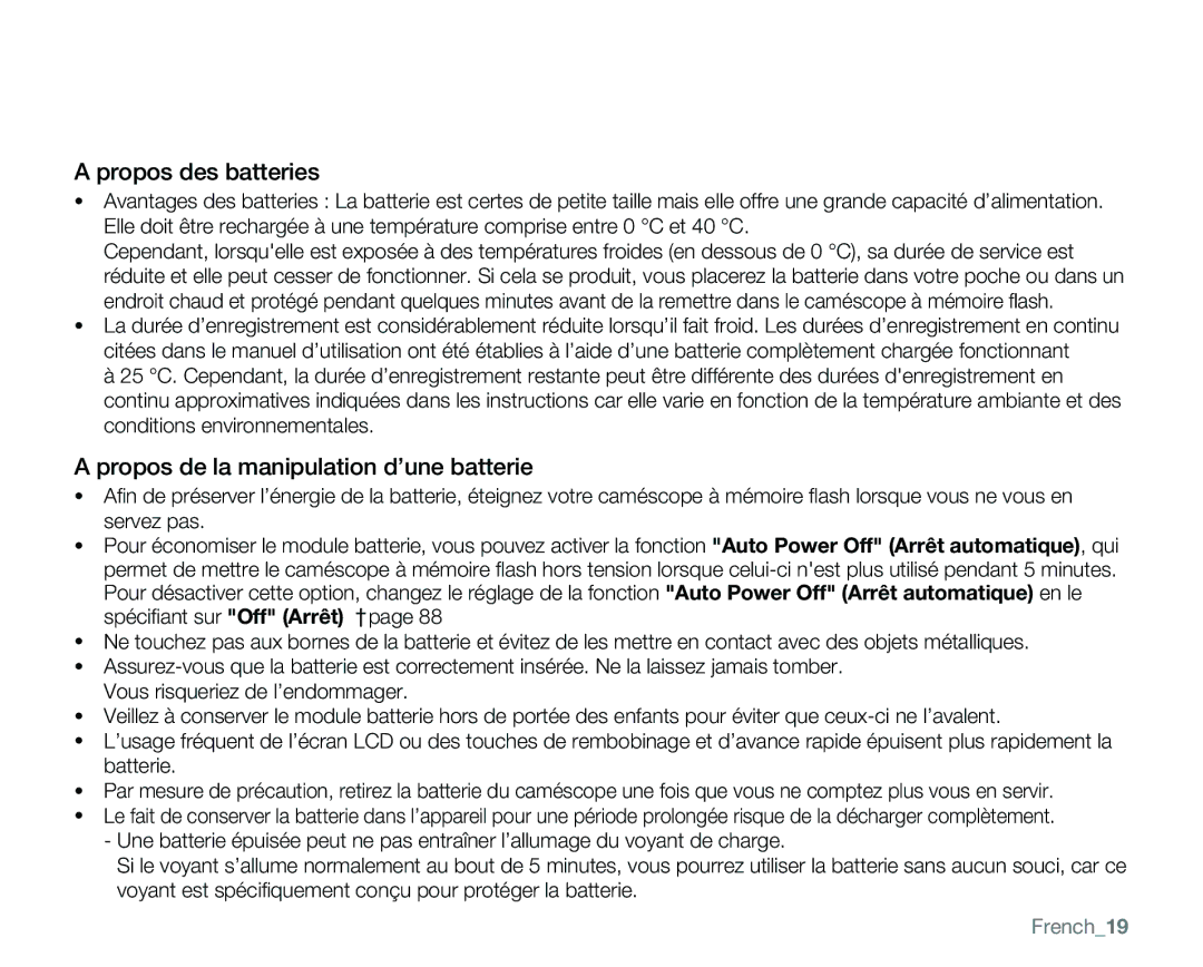 Samsung VP-MX25E/EDC manual Propos des batteries, Propos de la manipulation d’une batterie, French19 