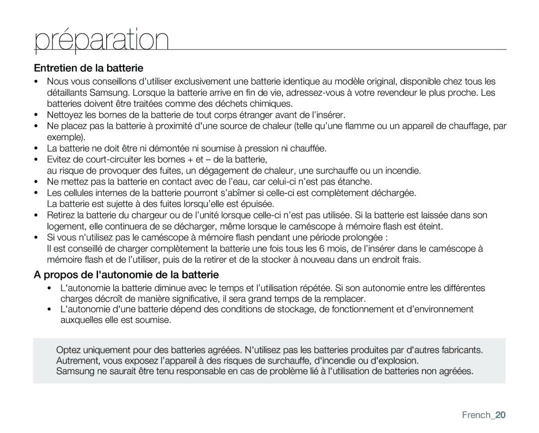 Samsung VP-MX25E/EDC manual Entretien de la batterie, Propos de lautonomie de la batterie, French20 