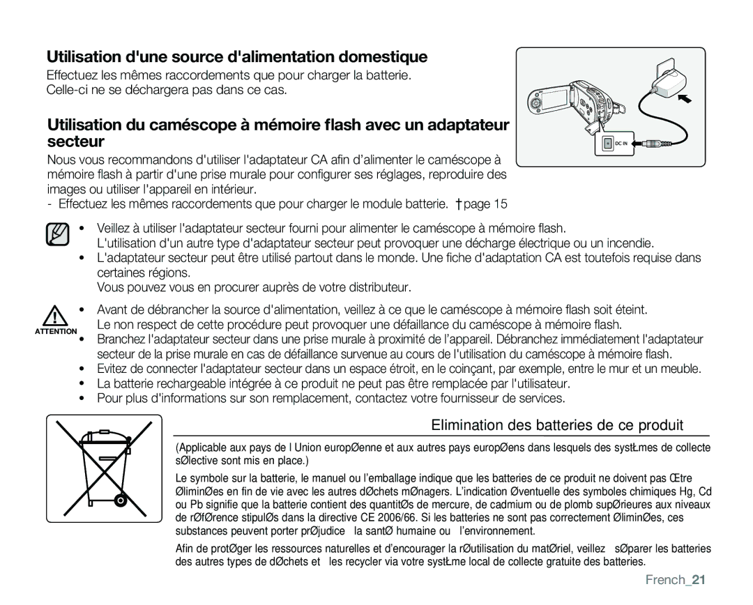 Samsung VP-MX25E/EDC manual Utilisation dune source dalimentation domestique, French21 