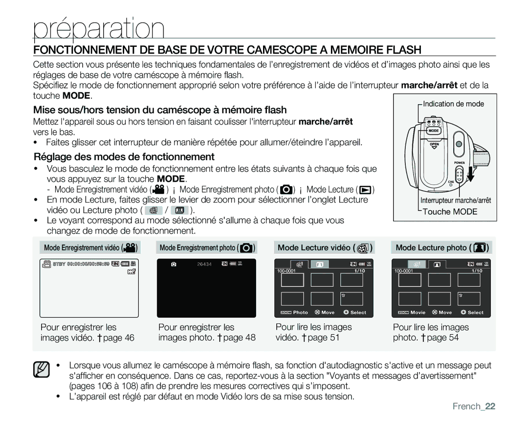 Samsung VP-MX25E/EDC manual Fonctionnement DE Base DE Votre Camescope a Memoire Flash, Réglage des modes de fonctionnement 