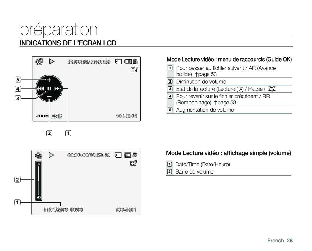 Samsung VP-MX25E/EDC manual Mode Lecture vidéo afﬁchage simple volume, Date/Time Date/Heure Barre de volume, French28 