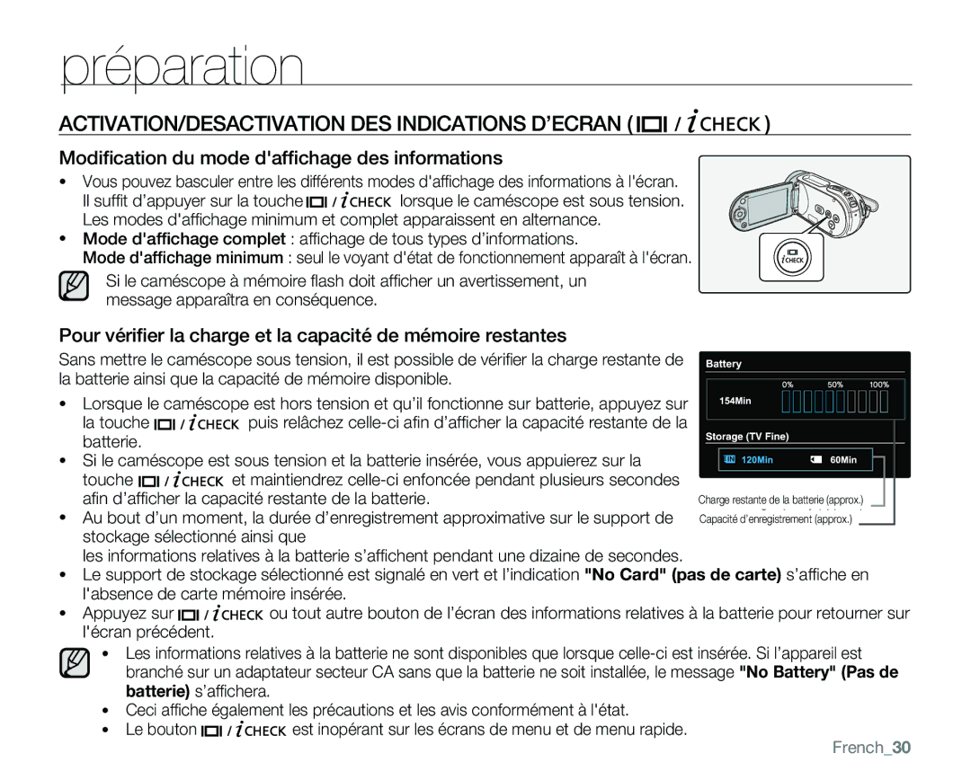 Samsung VP-MX25E/EDC ACTIVATION/DESACTIVATION DES Indications D’ECRAN, Modiﬁcation du mode dafﬁchage des informations 