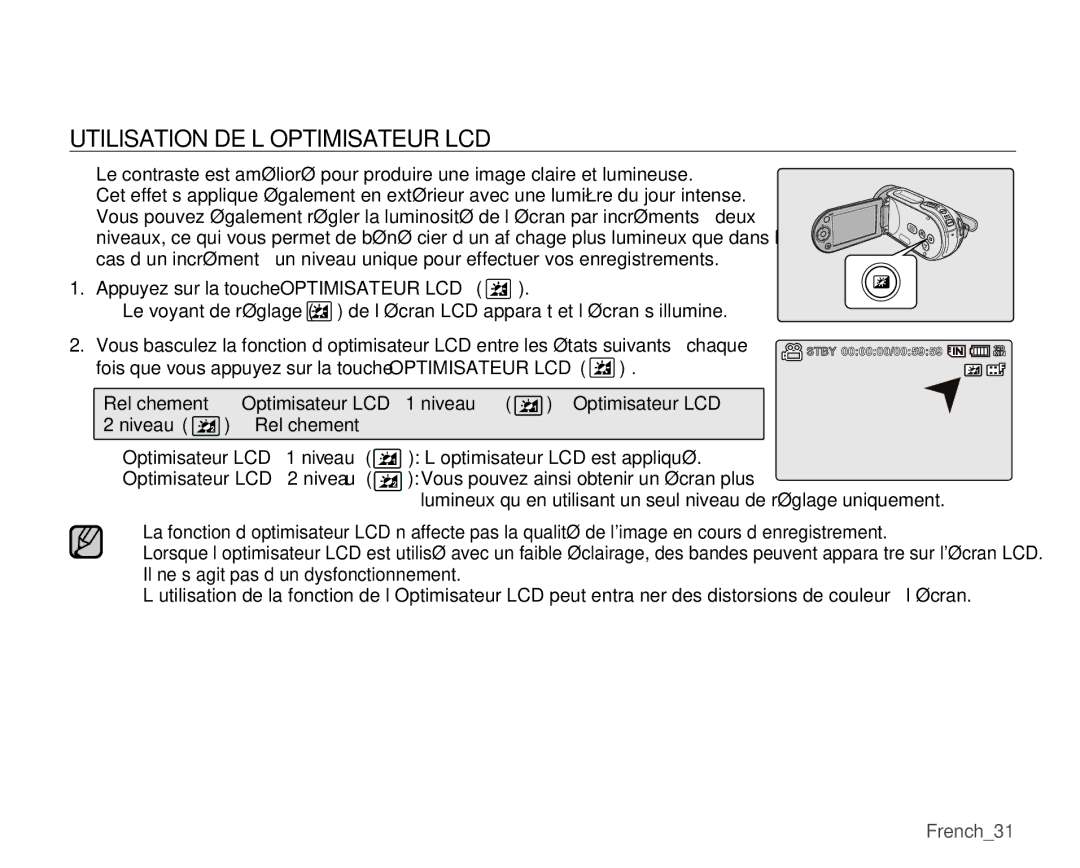 Samsung VP-MX25E/EDC manual Utilisation DE L’OPTIMISATEUR LCD, Appuyez sur la touche Optimisateur LCD Le voyant de réglage 