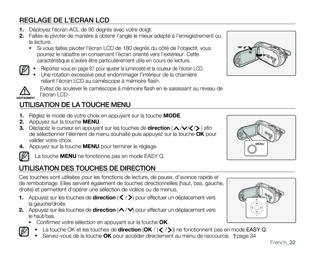 Samsung VP-MX25E/EDC Reglage DE Lecran LCD, Utilisation DE LA Touche Menu, Utilisation DES Touches DE Direction, French32 