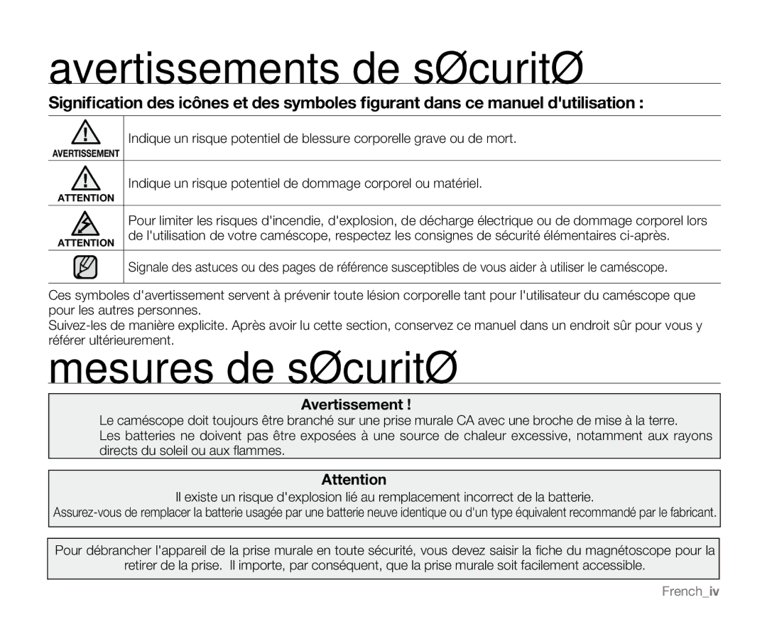 Samsung VP-MX25E/EDC manual Avertissements de sécurité, Mesures de sécurité, Frenchiv 