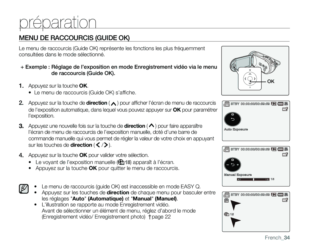 Samsung VP-MX25E/EDC manual Menu DE Raccourcis Guide OK, French34 