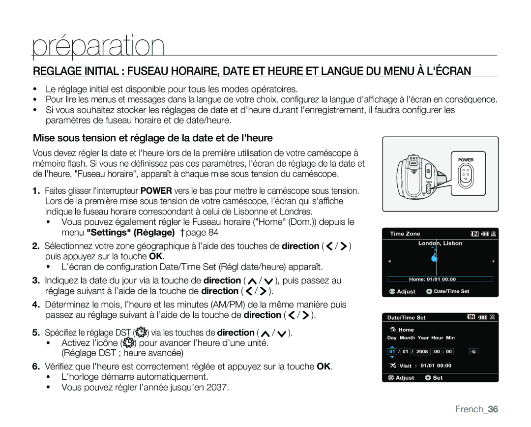 Samsung VP-MX25E/EDC manual Mise sous tension et réglage de la date et de lheure, French36 