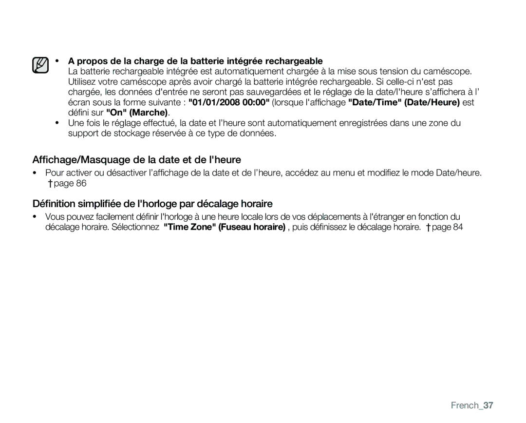 Samsung VP-MX25E/EDC manual Afﬁchage/Masquage de la date et de lheure, Déﬁnition simpliﬁée de lhorloge par décalage horaire 