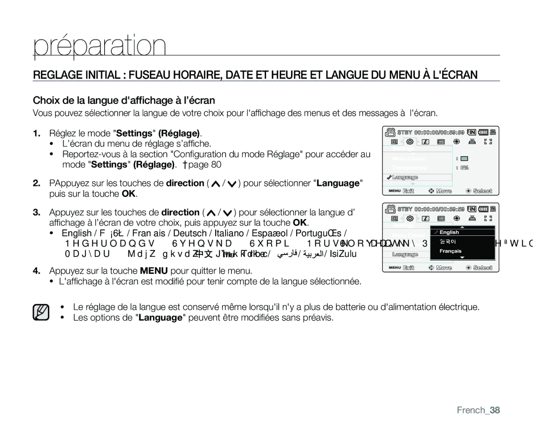 Samsung VP-MX25E/EDC manual Choix de la langue dafﬁchage à l’écran, Réglez le mode Settings Réglage, French38 